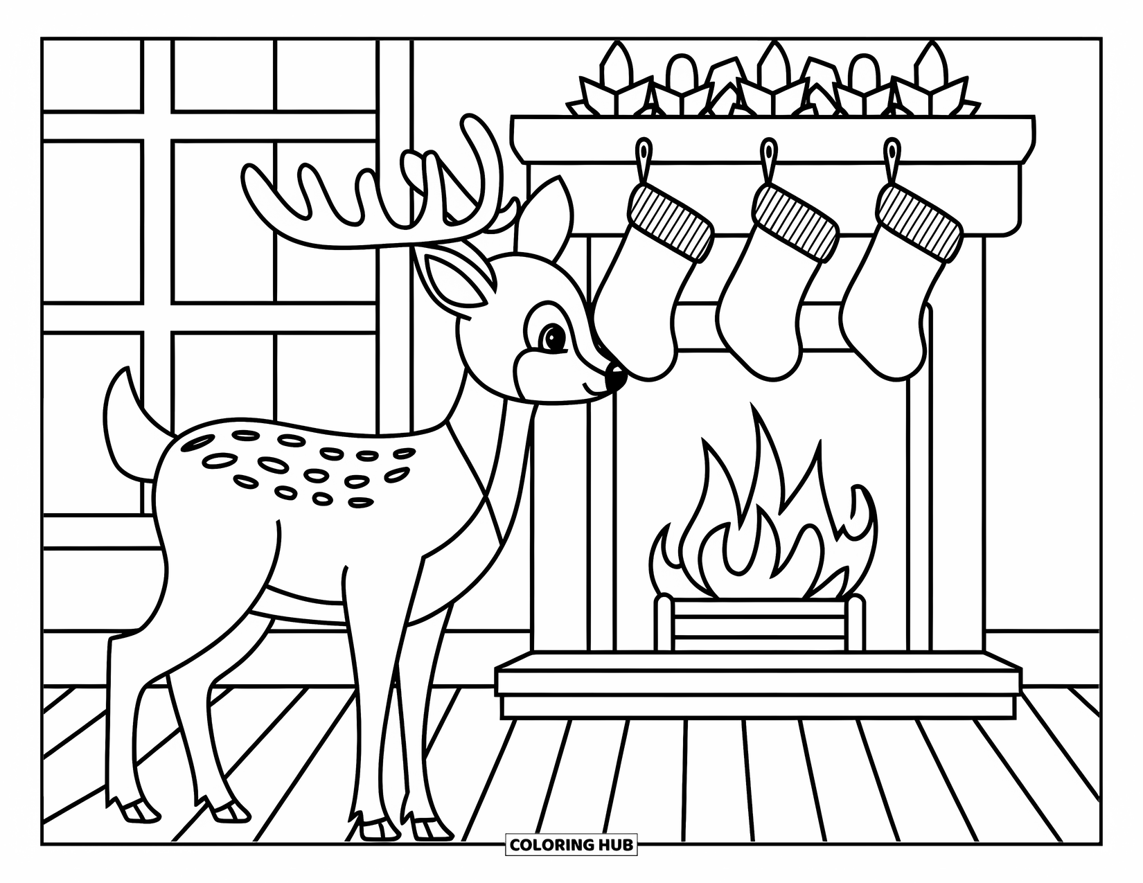 Christmas Animal Coloring Page for Kids: A deer looking at a fireplace with stockings in a cozy room