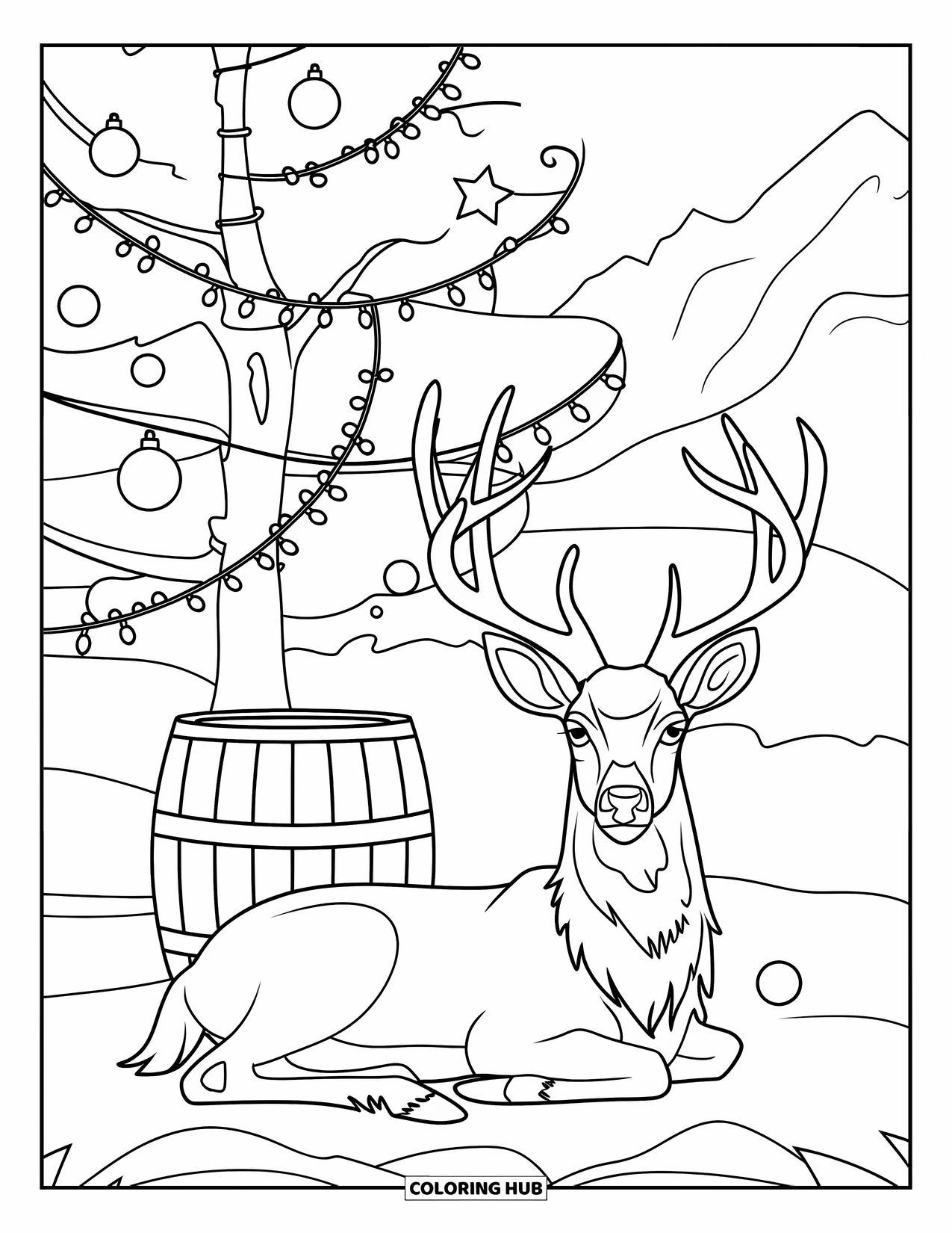 Christmas Animal Coloring Page for Kids: A deer resting beside a decorated tree under snowy mountains