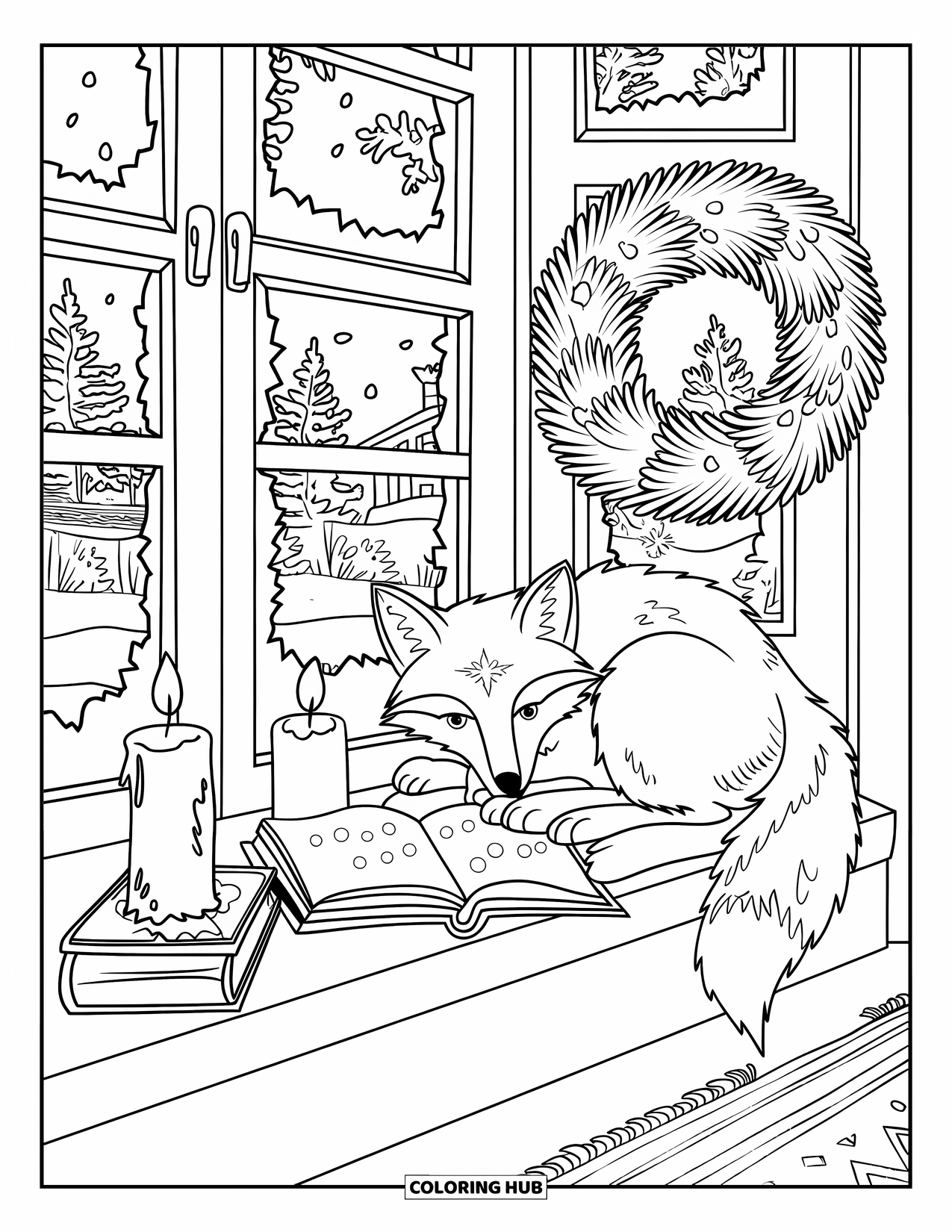 Christmas Animal Coloring Page for Kids: A fox resting on a window seat with a candle and snowy view