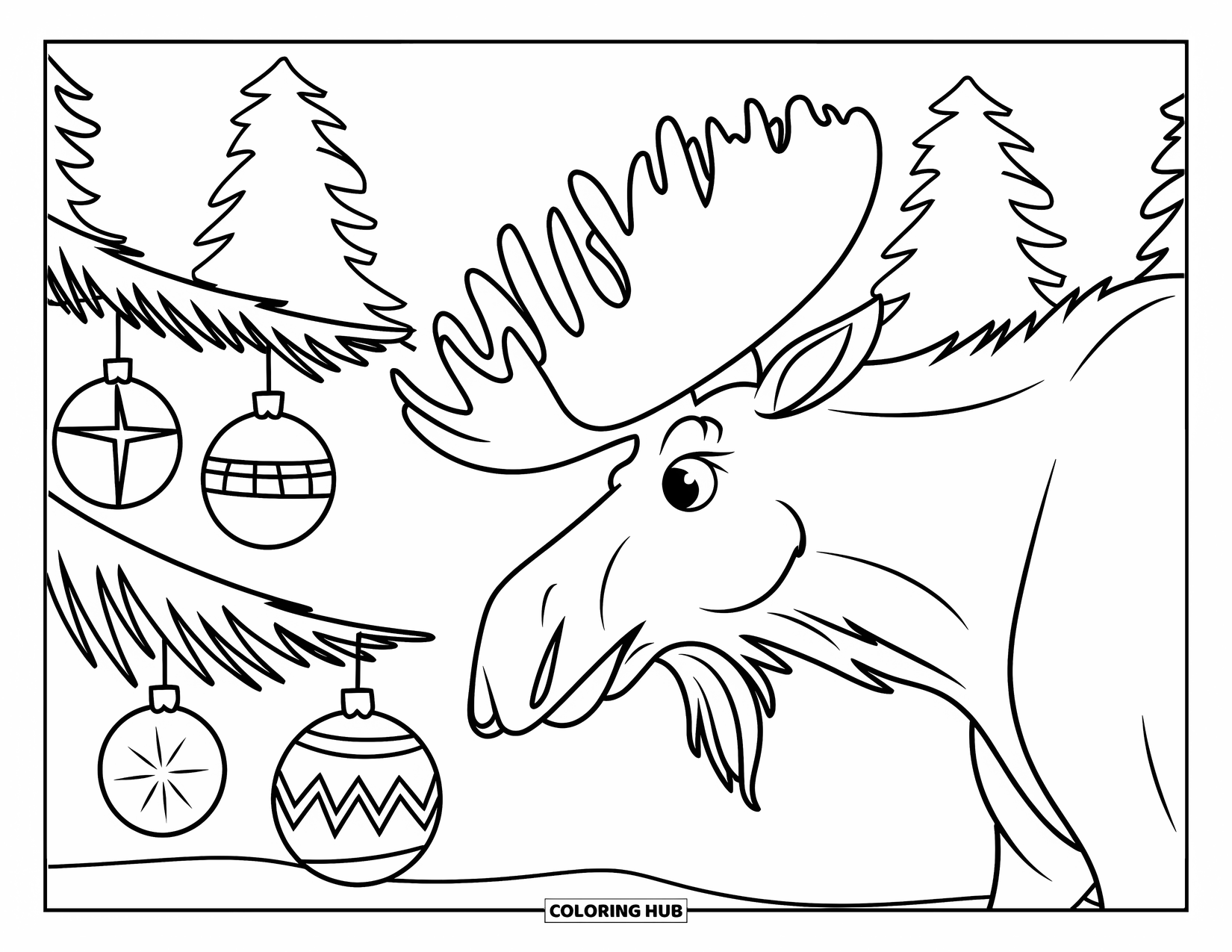 Christmas Animal Coloring Page for Kids: A moose admiring ornaments hanging from a tree branch in a snowy forest