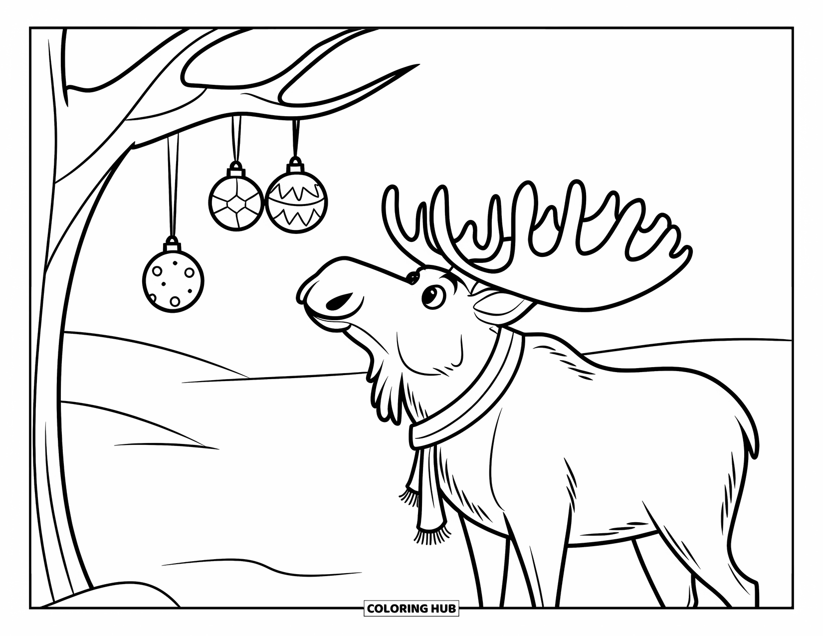 Christmas Animal Coloring Page for Kids: A moose in a scarf looking up at ornaments on a snowy tree branch