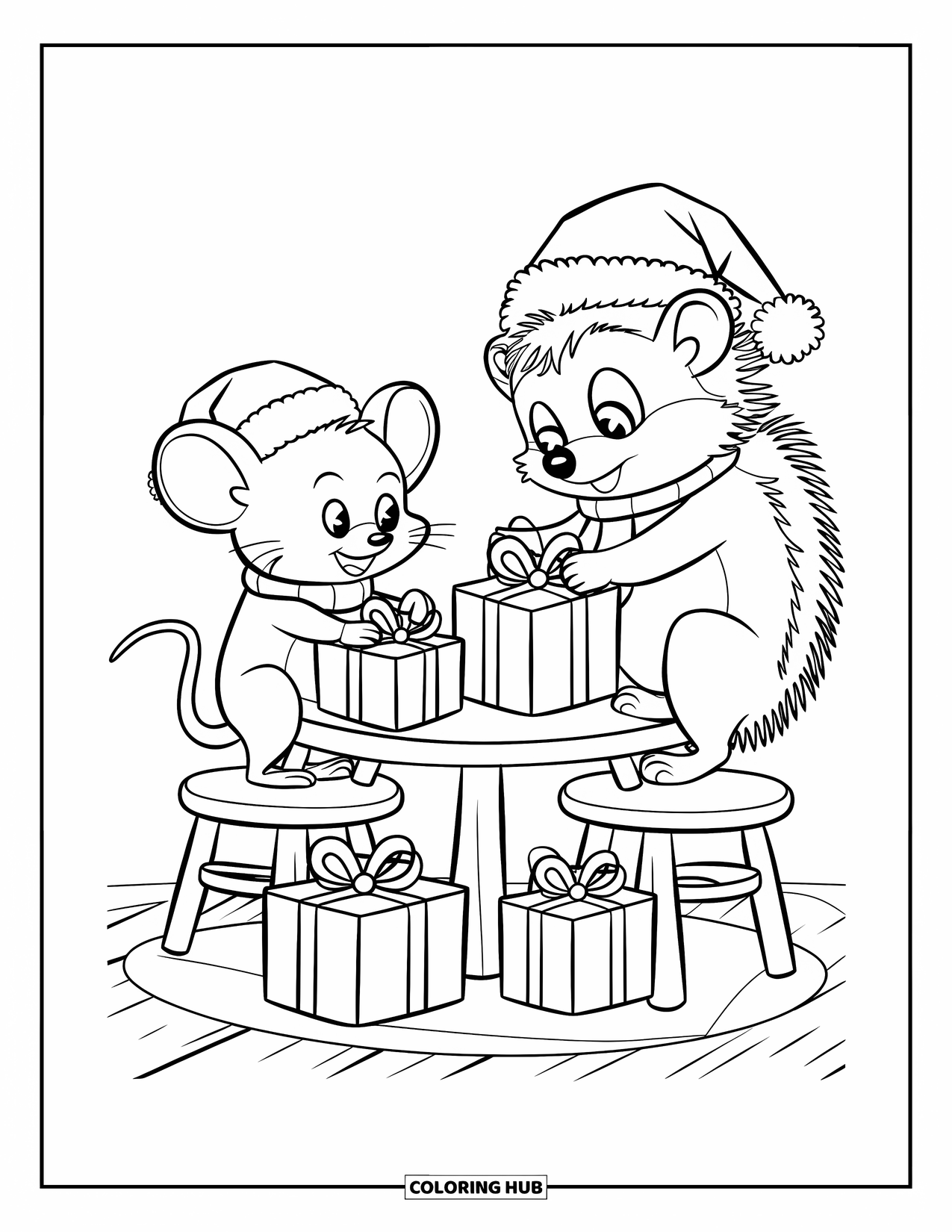 Christmas Animal Coloring Page for Kids: A mouse and hedgehog in scarves wrapping presents on a wooden floor