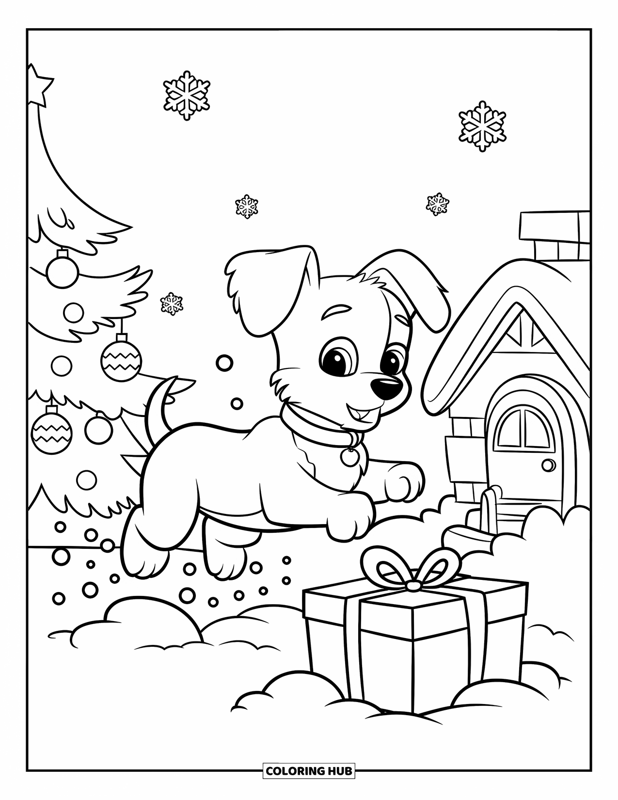 Christmas Animal Coloring Page for Kids: A playful puppy jumping into snow beside a gift box and tree
