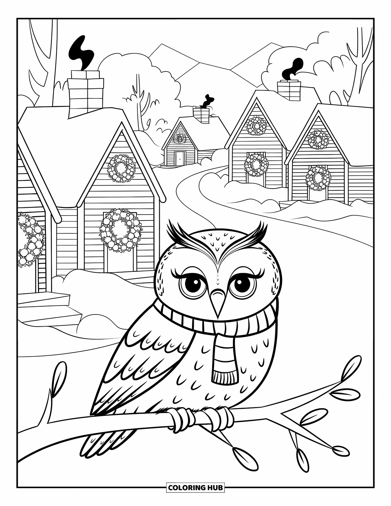Christmas Animal Coloring Page for Kids: An owl in a scarf perched on a branch above a snowy village