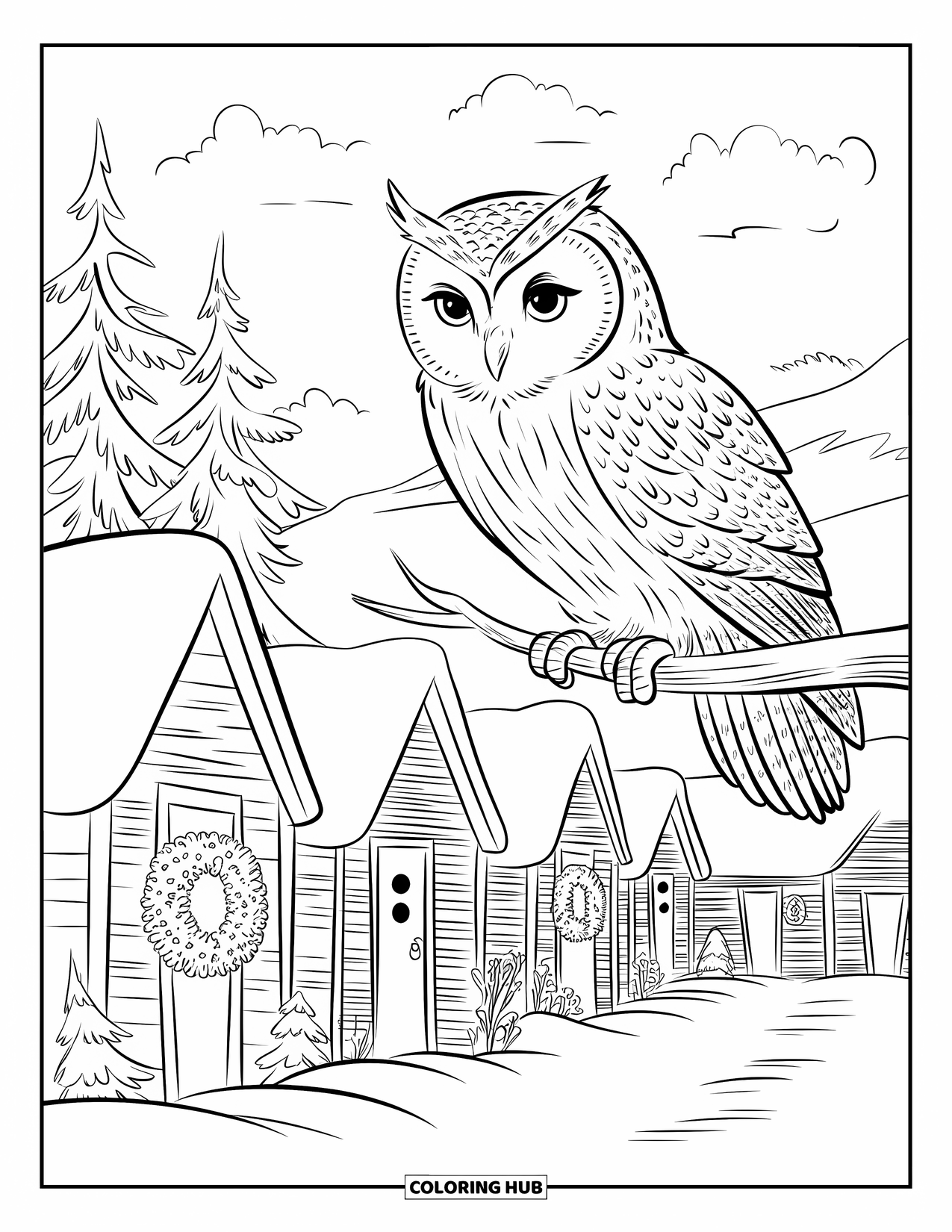 Christmas Animal Coloring Page for Kids: An owl perched on a branch looking at a snowy village