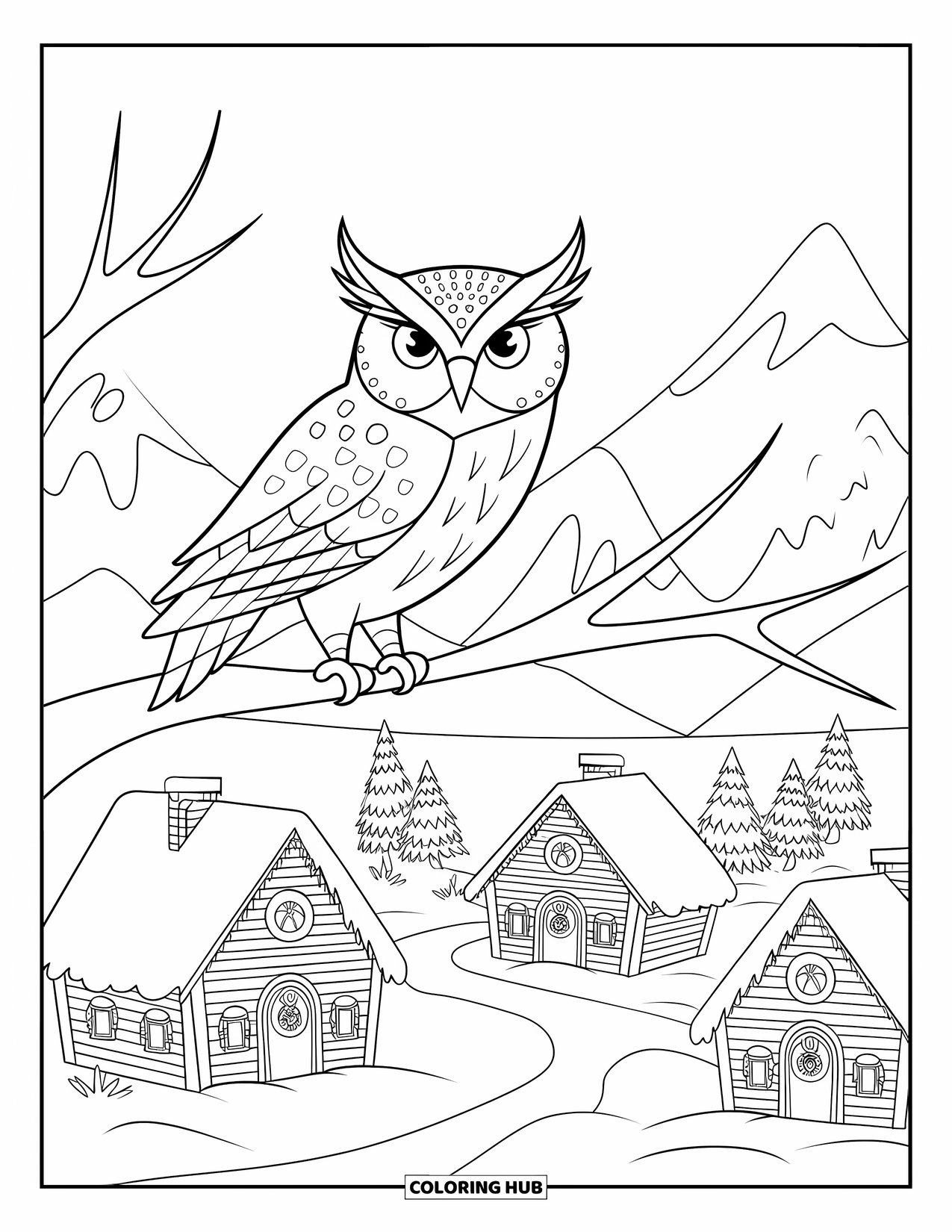 Christmas Animal Coloring Page for Kids: An owl watching over a snowy village of cozy houses