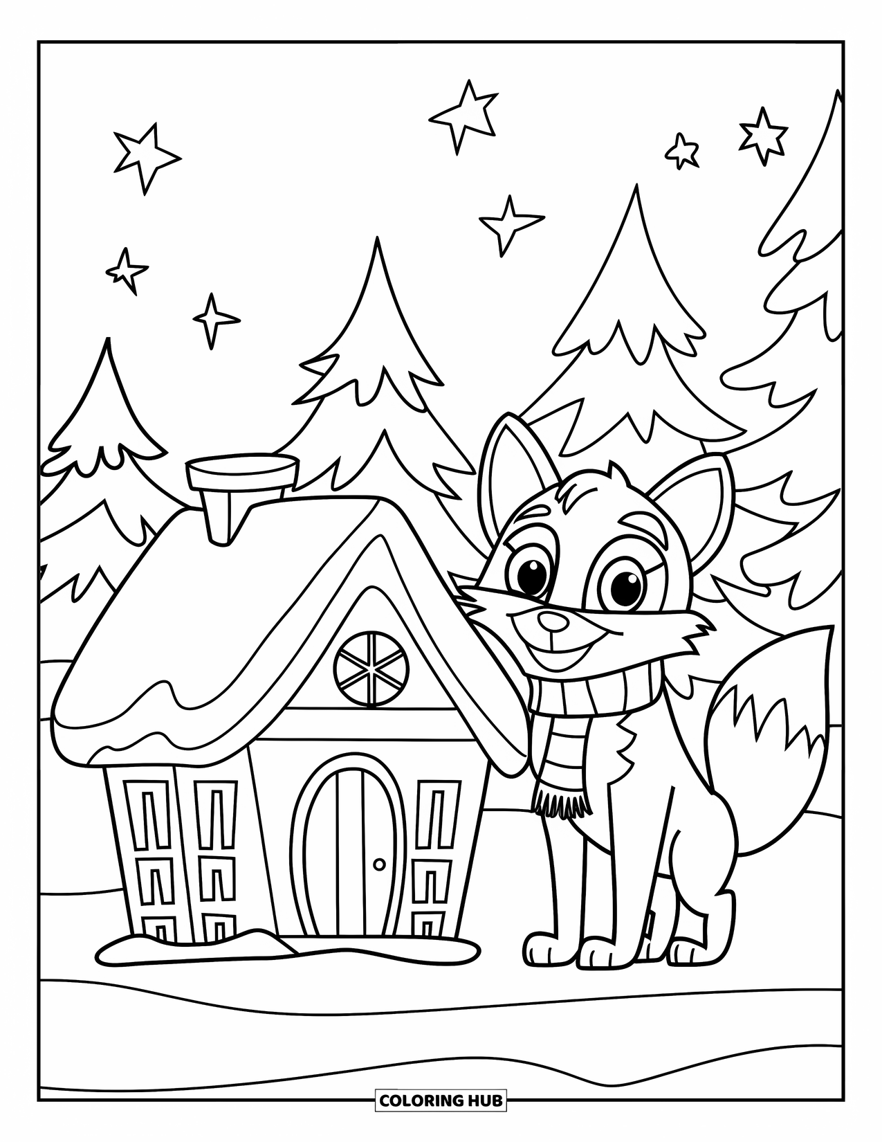 Christmas Animal Coloring Page for Kids: Cheerful fox in scarf stands beside a snowy house under starry skies