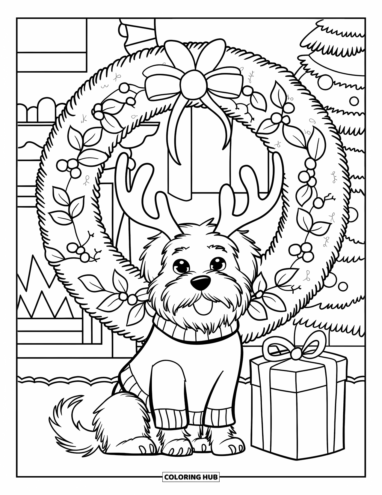 Christmas Animal Coloring Page for Kids: Dog in a sweater and antlers sits near a cozy fireplace
