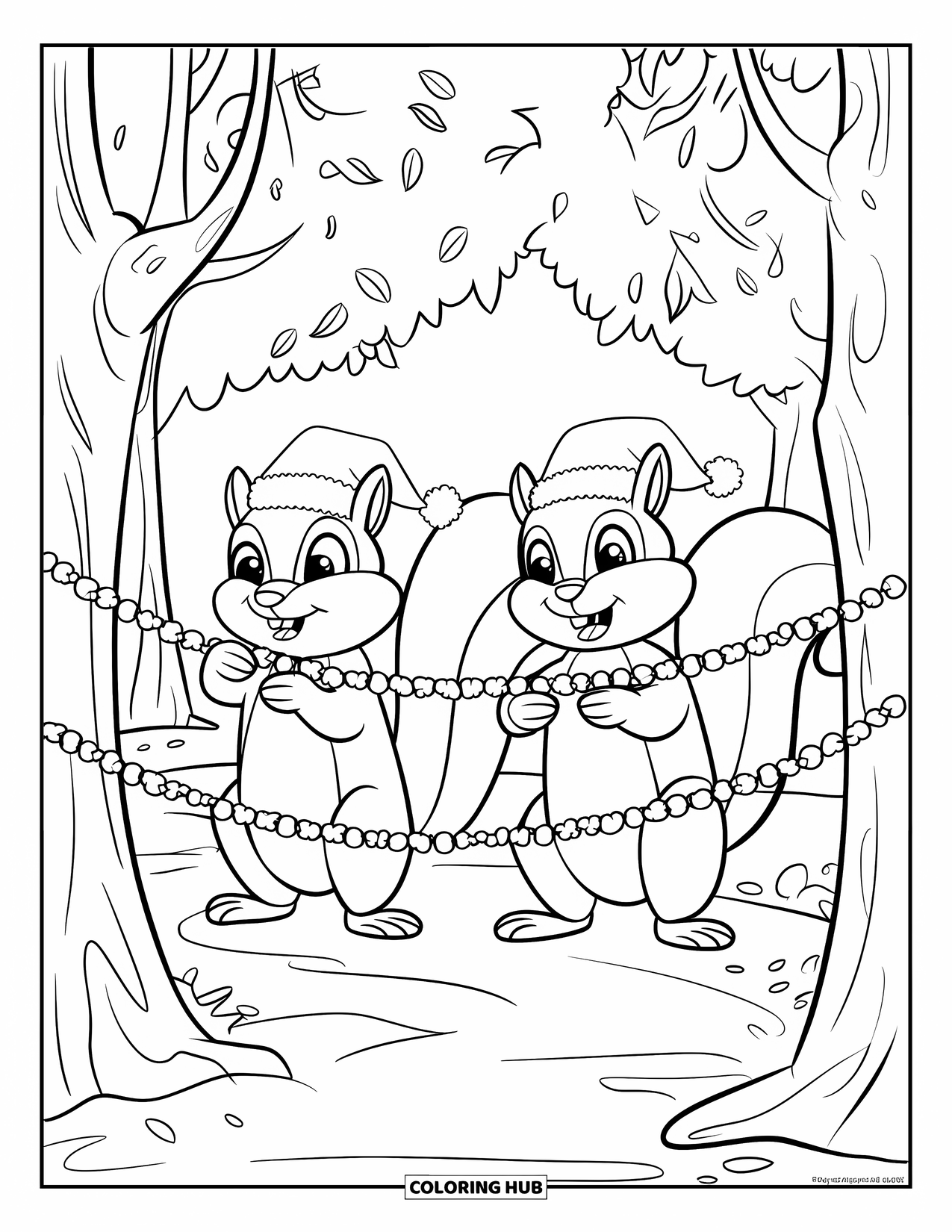 Christmas Animal Coloring Page for Kids: Festive squirrels wearing hats stringing popcorn garlands between trees