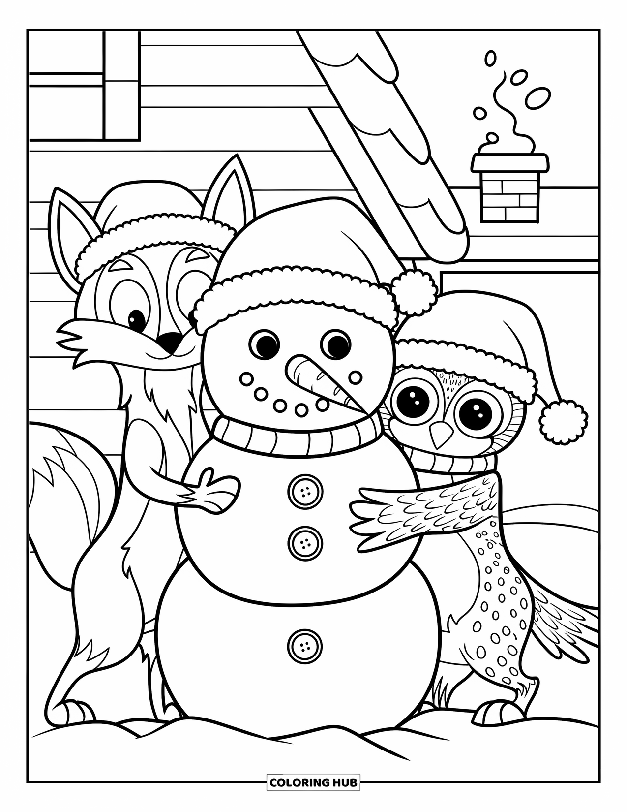Christmas Animal Coloring Page for Kids: Fox and owl build a snowman near a house with chimney smoke