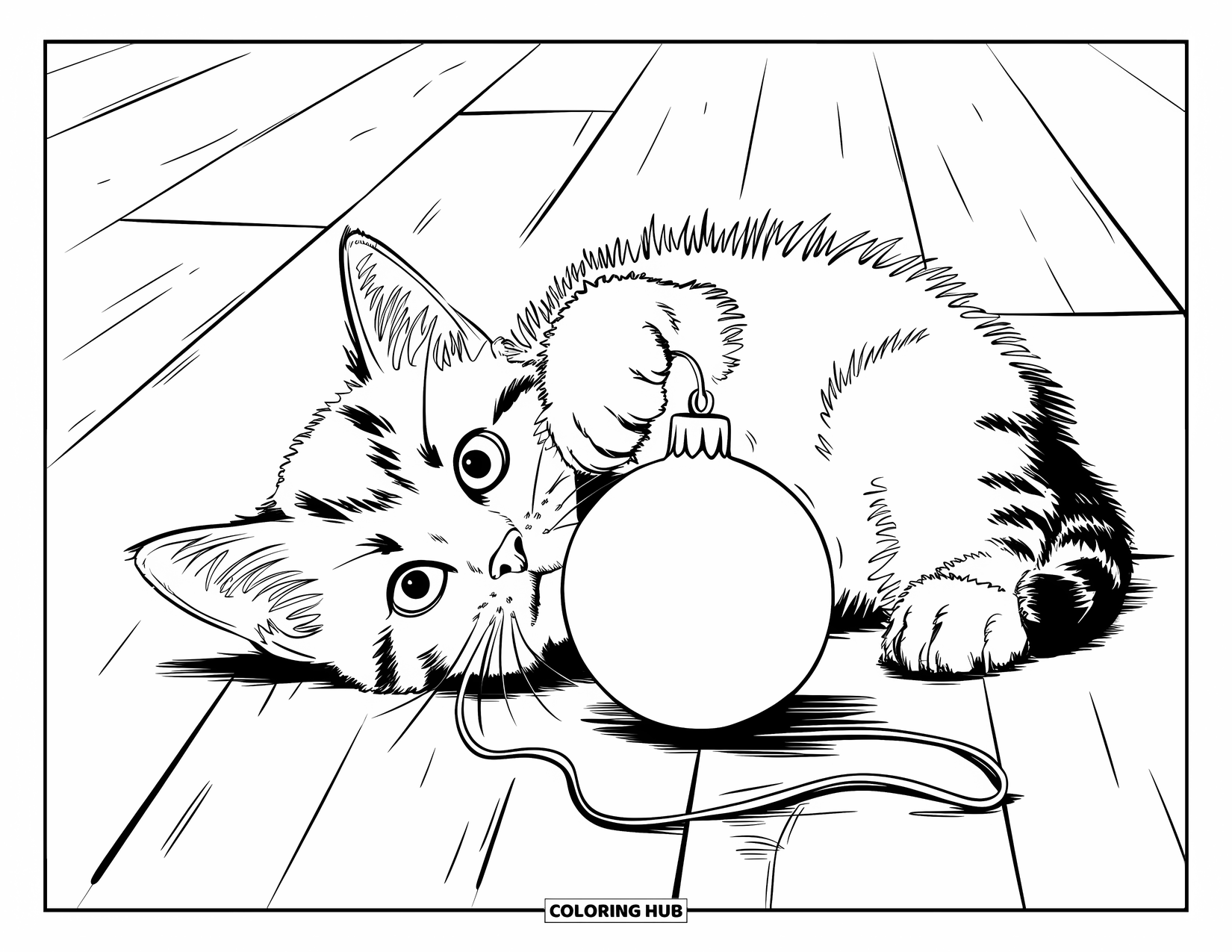 Christmas Animal Coloring Page for Kids: Kitten lies on its back batting at a hanging ornament