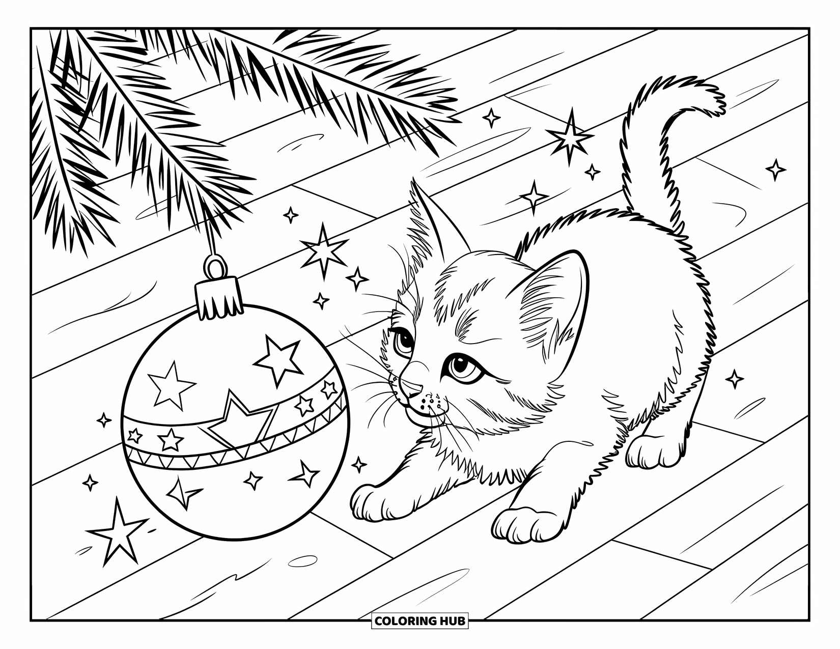 Christmas Animal Coloring Page for Kids: Kitten paws at a hanging star ornament on a wooden floor