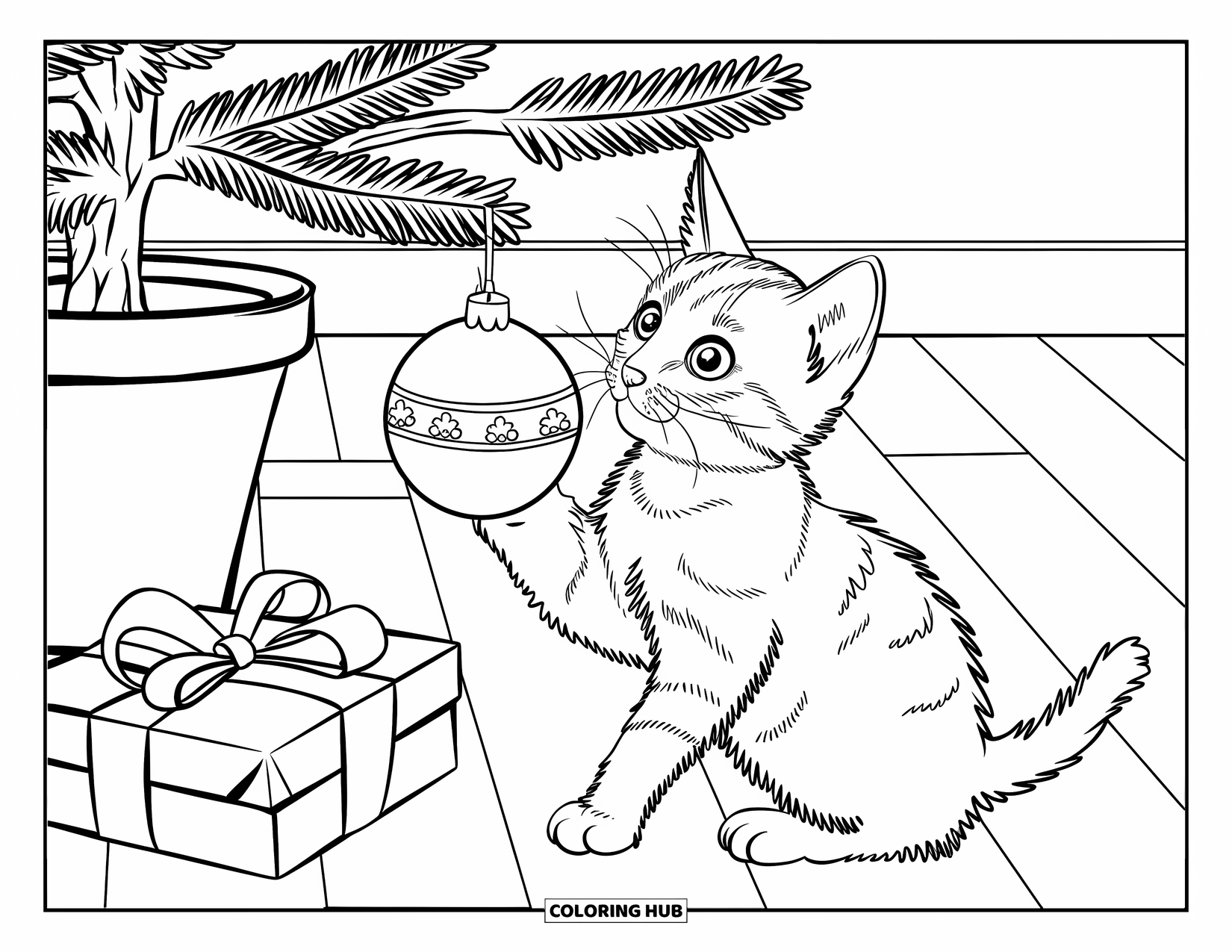 Christmas Animal Coloring Page for Kids: Kitten reaches for a hanging ornament beneath a small Christmas tree