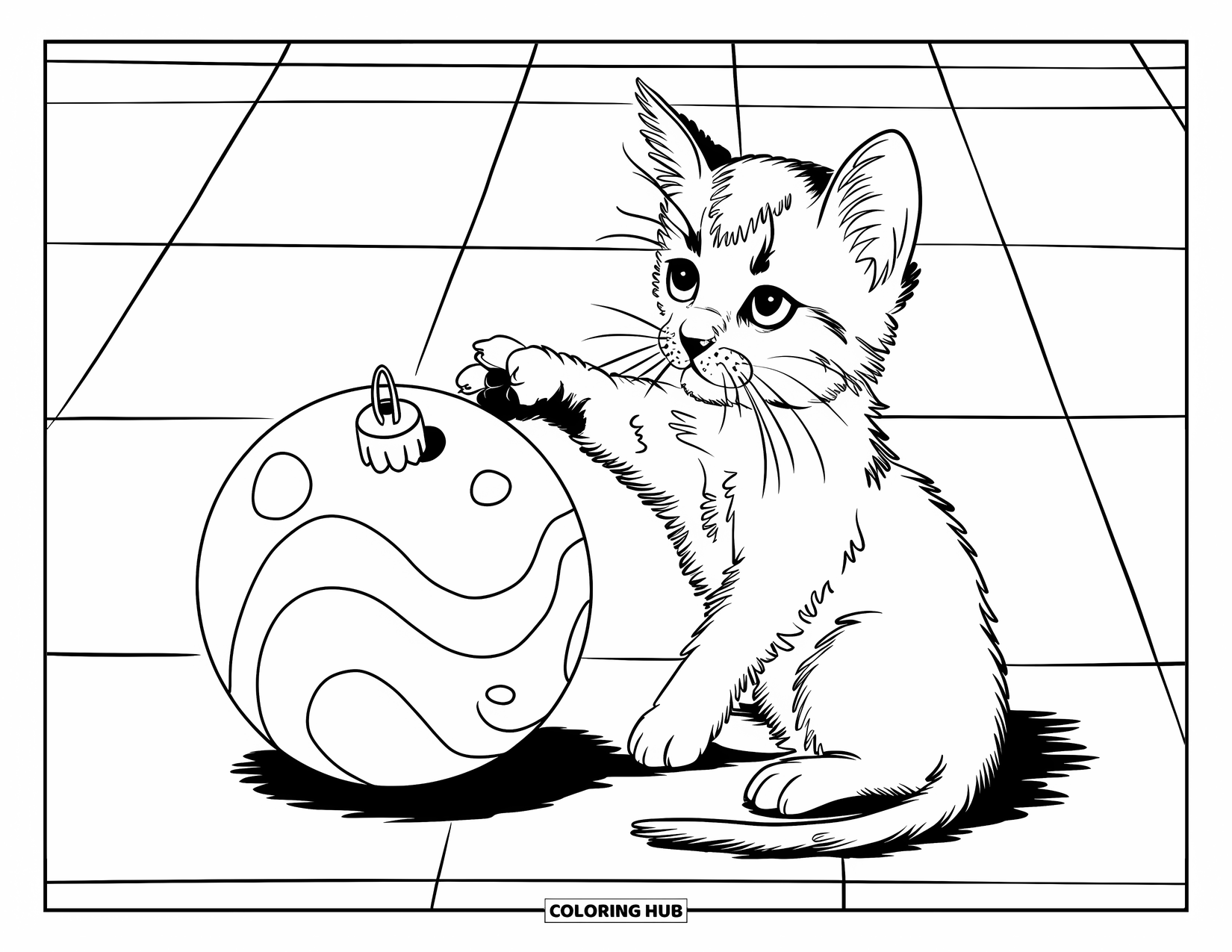 Christmas Animal Coloring Page for Kids: Kitten reaches toward a star ornament on a checkered floor