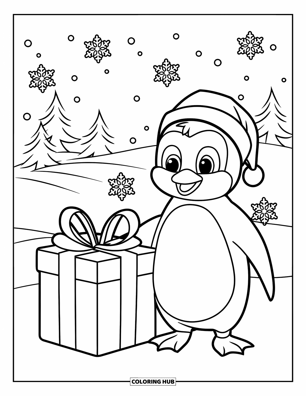Christmas Animal Coloring Page for Kids: Penguin beside a gift box smiles as snowflakes gently fall