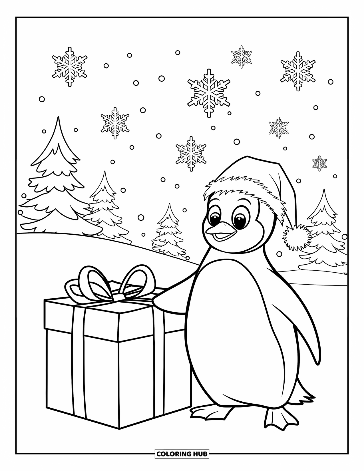 Christmas Animal Coloring Page for Kids: Penguin stands next to a gift box with snowflakes drifting down