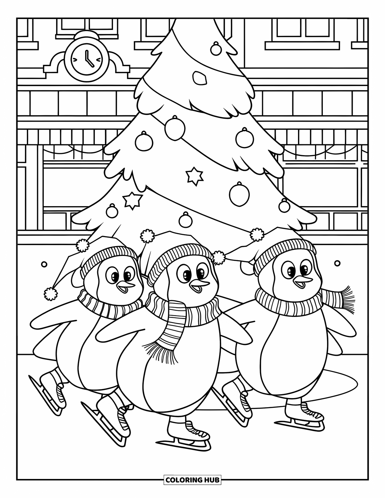 Christmas Animal Coloring Page for Kids: Penguins in hats and scarves skate around a festive Christmas tree