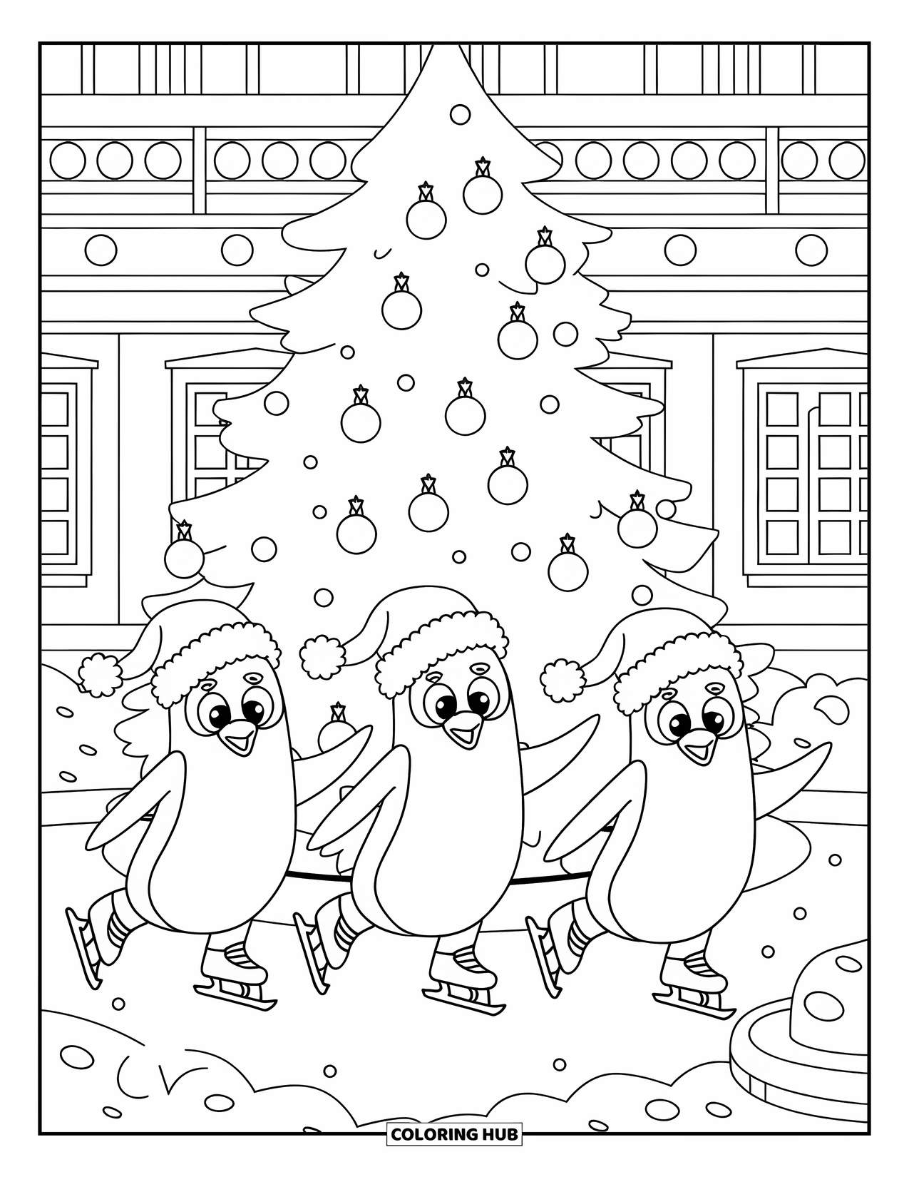 Christmas Animal Coloring Page for Kids: Penguins in Santa hats glide around a decorated Christmas tree