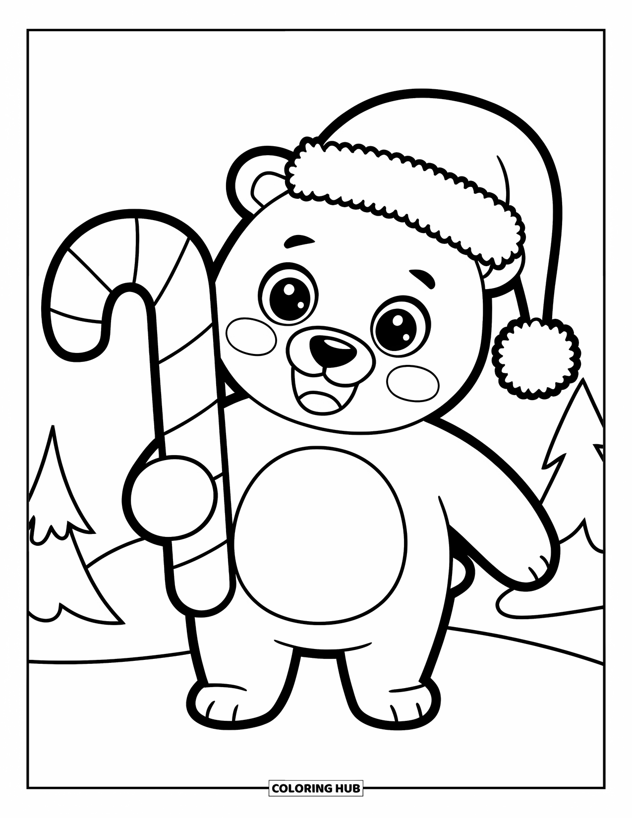 Christmas Animal Coloring Page for Kids: Polar bear in Santa hat holds a giant candy cane by trees