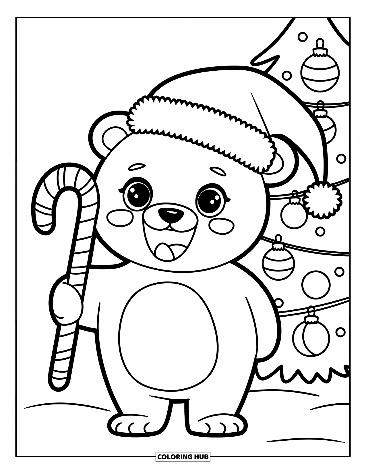 Christmas Animal Coloring Page for Kids: Polar bear in Santa hat holds candy cane near decorated Christmas tree