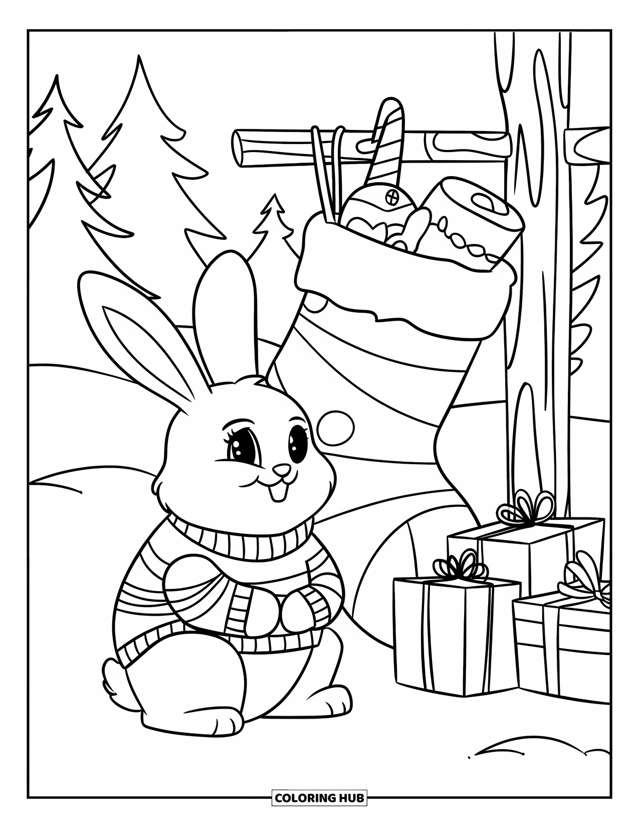 Christmas Animal Coloring Page for Kids: Rabbit in striped sweater sits near a stocking and wrapped presents