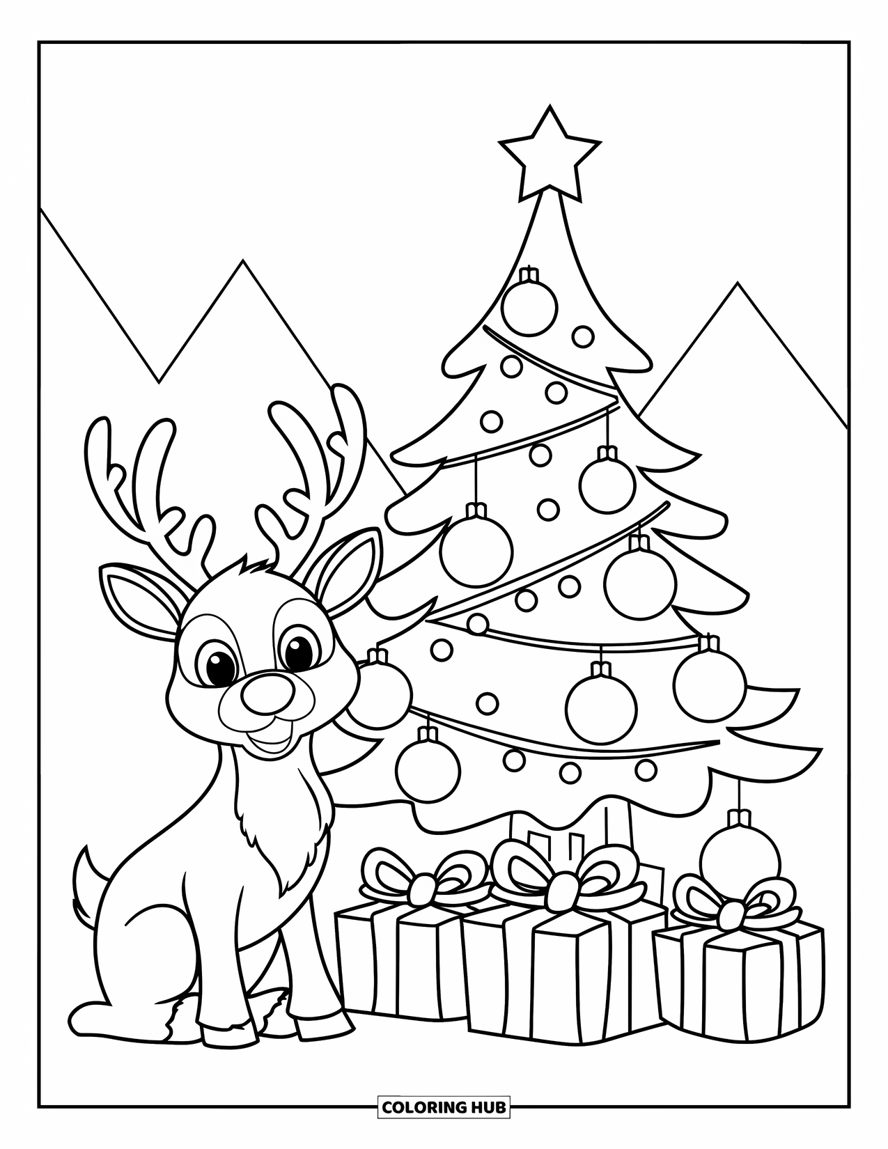 Christmas Animal Coloring Page for Kids: Reindeer rests near a glowing Christmas tree with gifts below