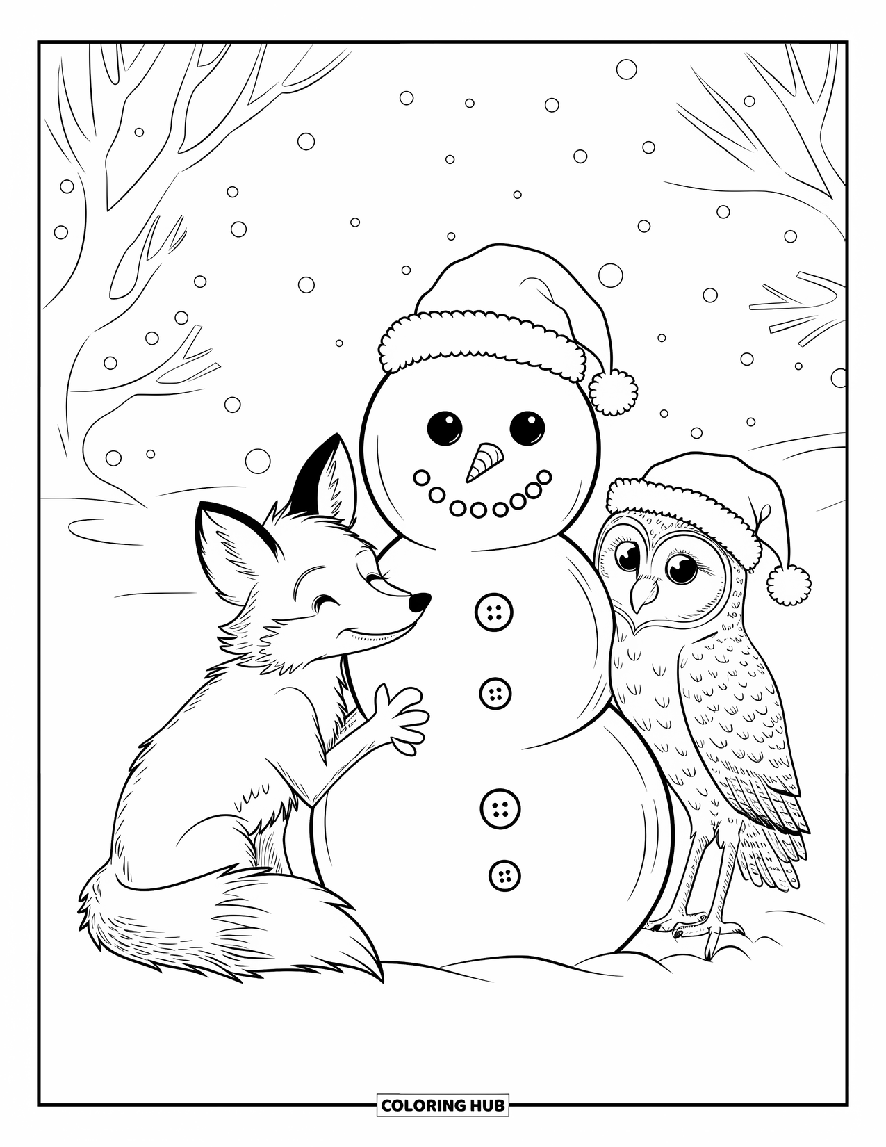 Christmas Animal Coloring Page for Kids: Snowy trees surround a fox and owl building a cheerful snowman