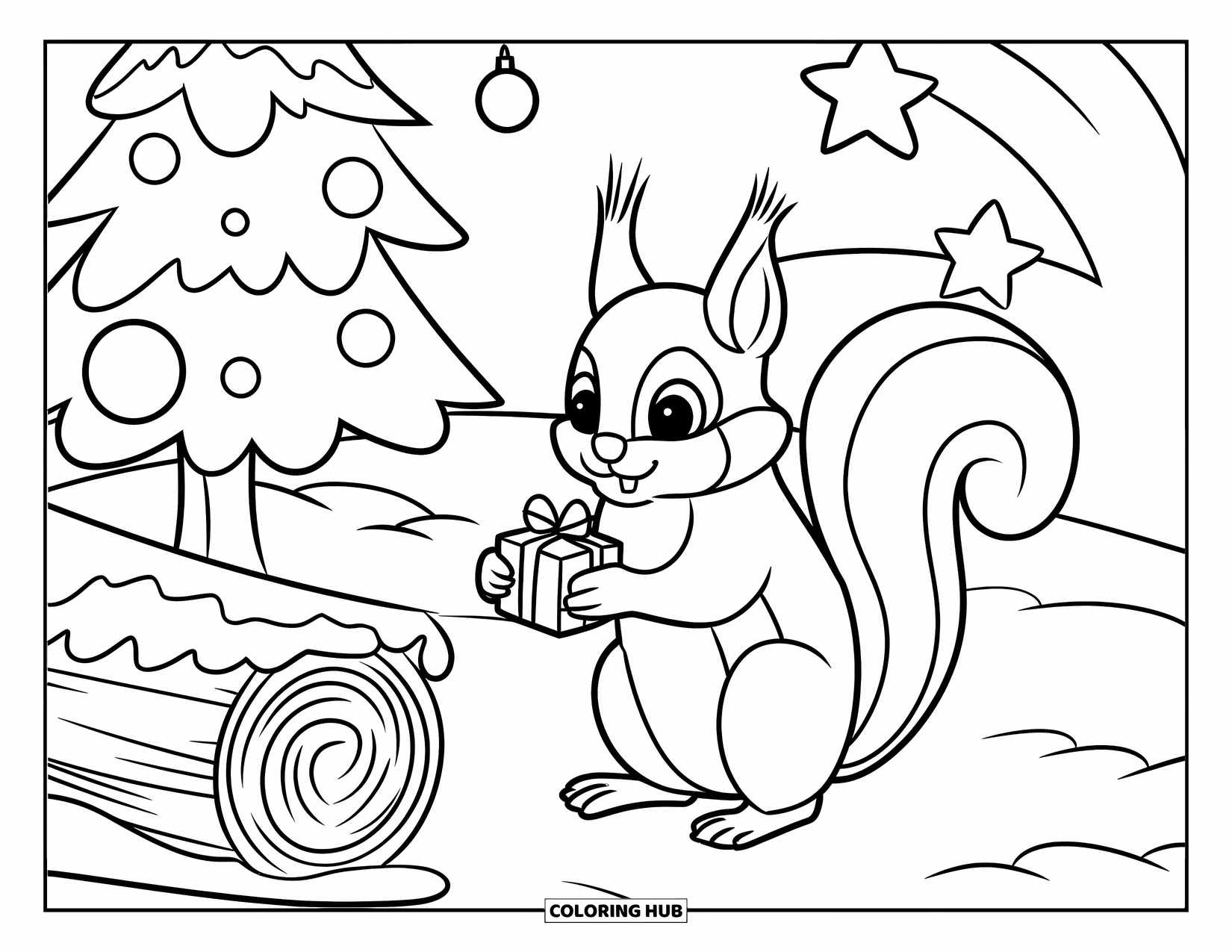 Christmas Animal Coloring Page for Kids: Squirrel with a present sits by a decorated Christmas tree in the snow