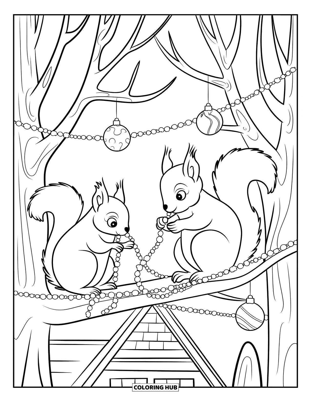 Christmas Animal Coloring Page for Kids: Two squirrels stringing popcorn garlands on bare branches near a cottage