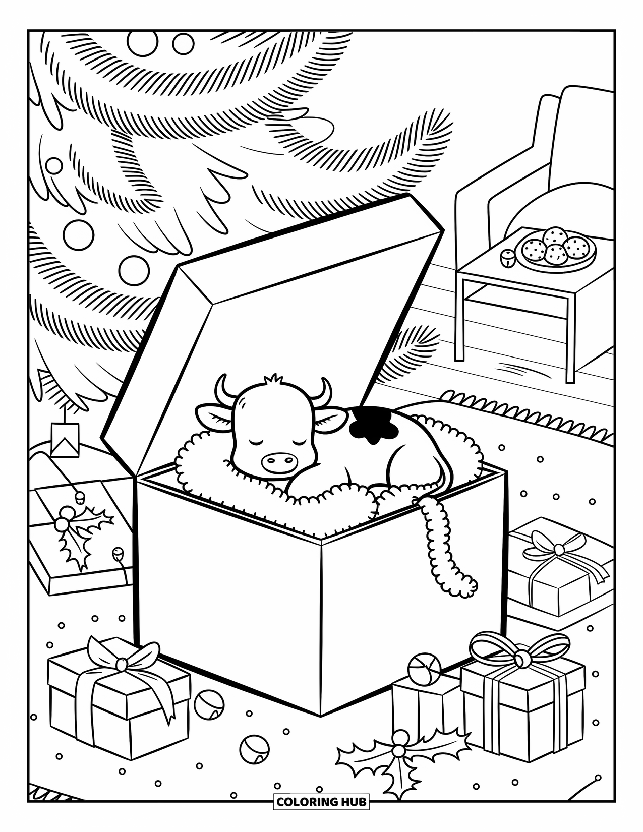 Christmas Cow Coloring Page for Adults: A baby cow curled inside a gift box surrounded by holly, bells, and wrapped gifts