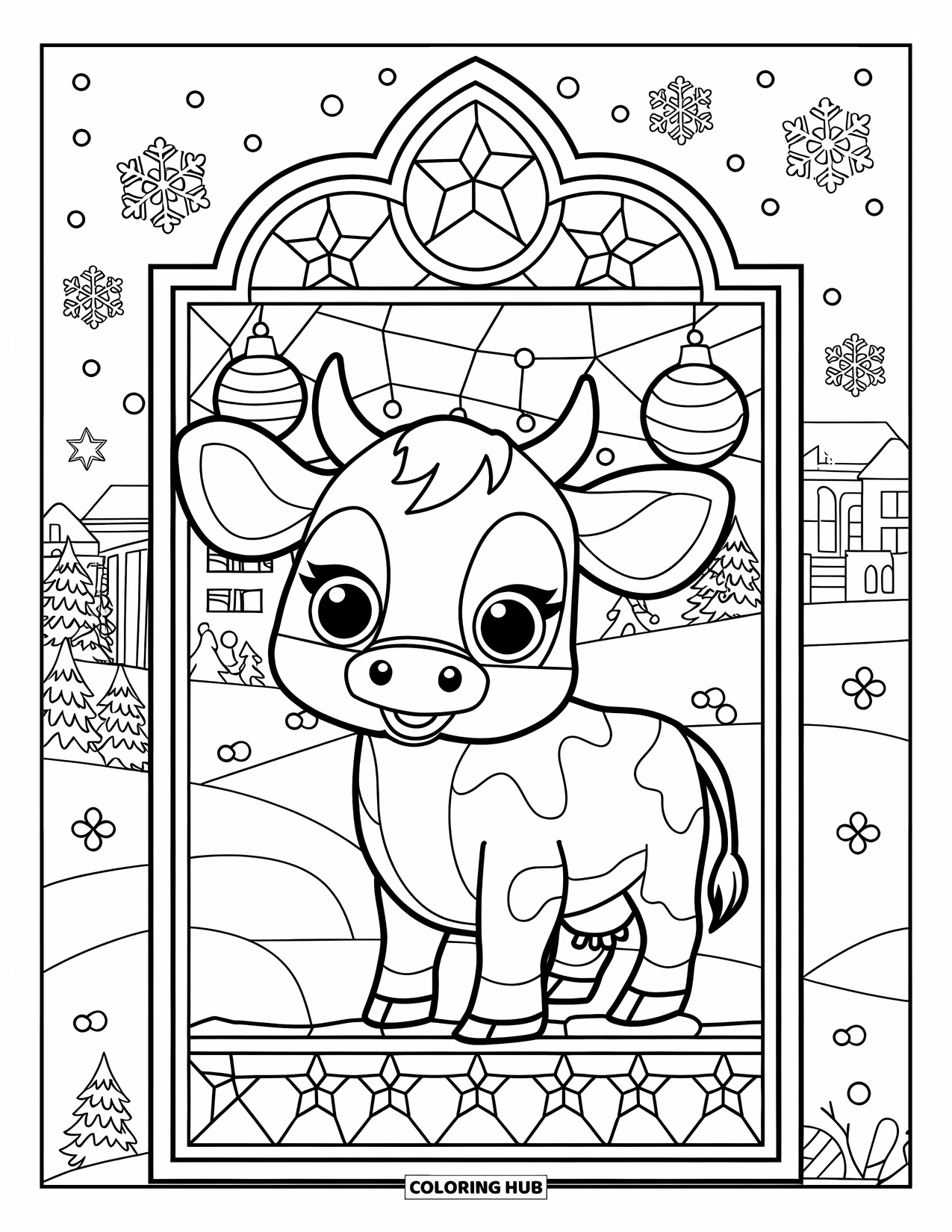 Christmas Cow Coloring Page for Adults: A baby cow framed by stained glass with stars, ornaments, and snowy buildings