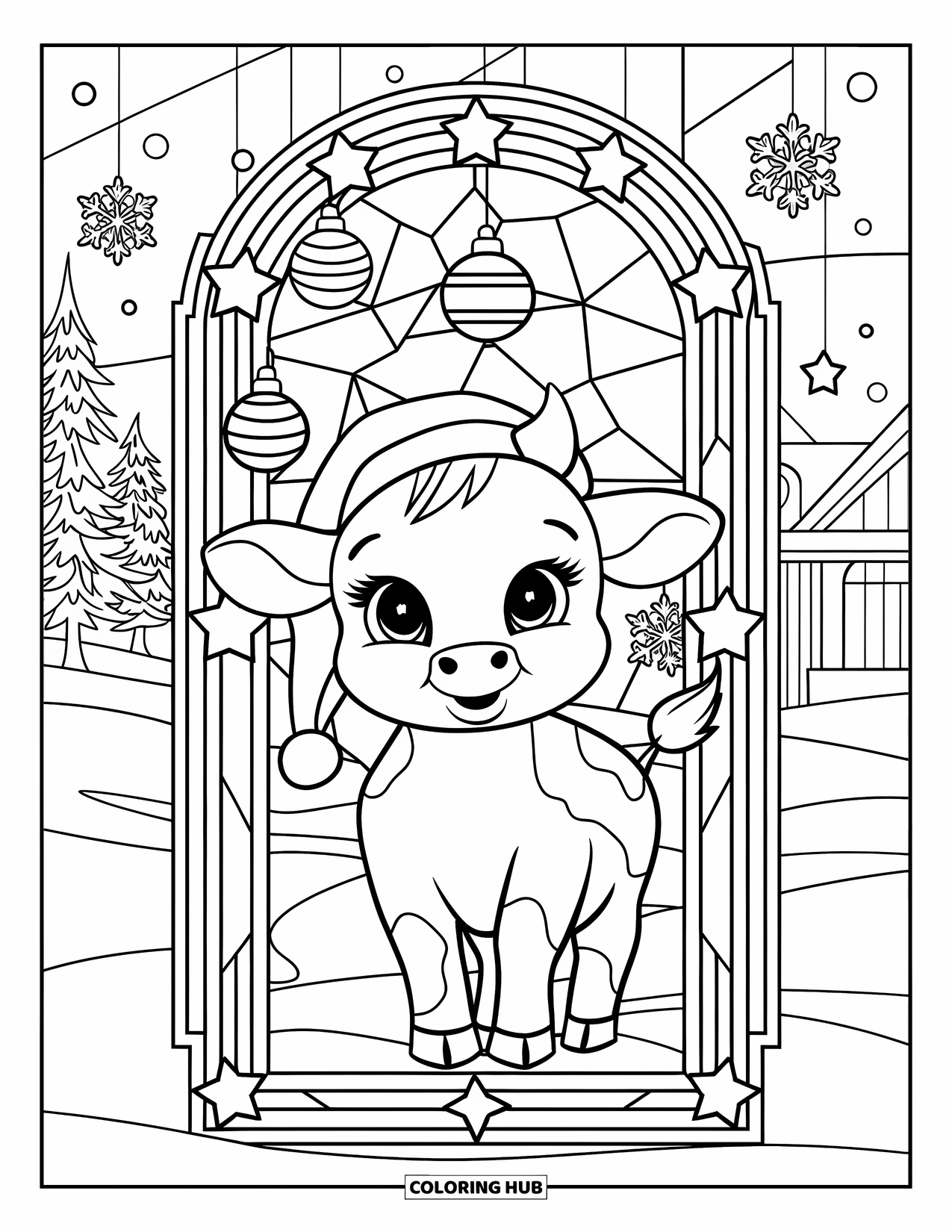 Christmas Cow Coloring Page for Adults: A baby cow framed in stained glass with stars, ornaments, and snowy trees