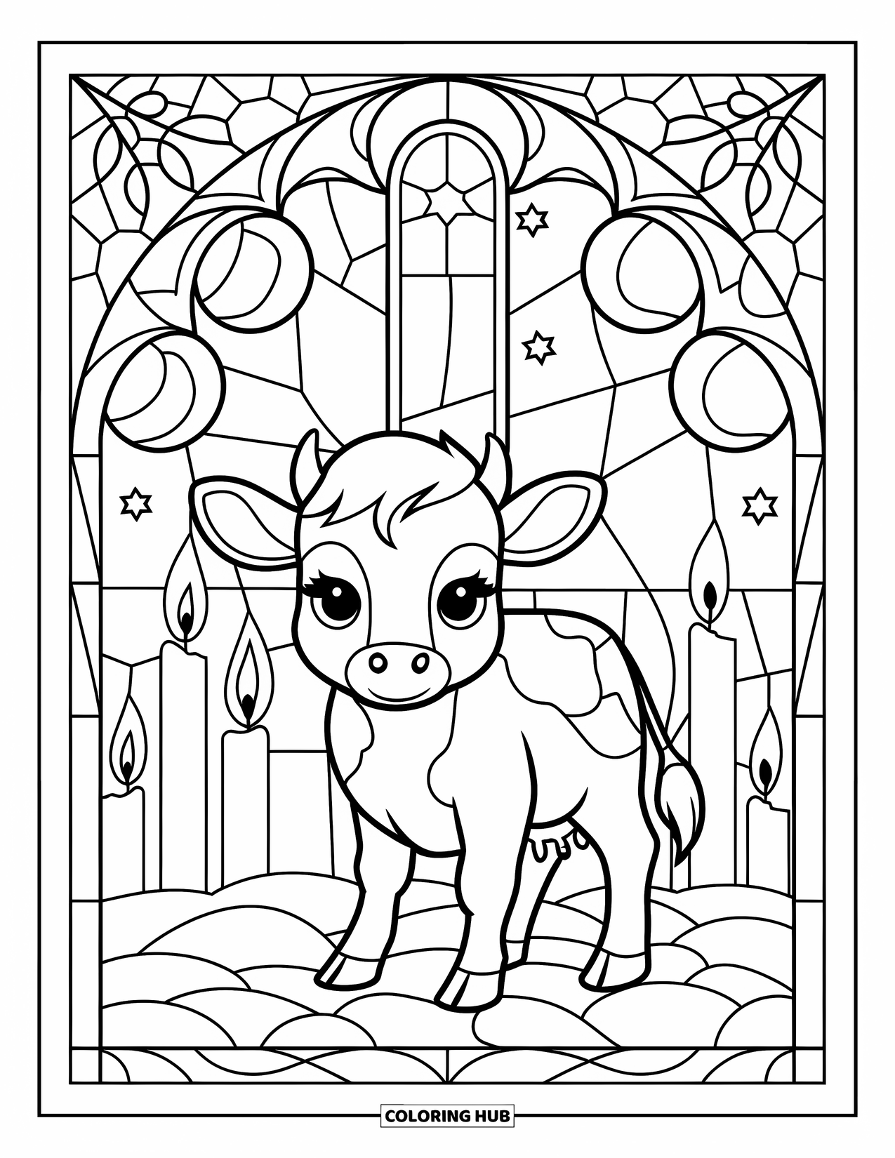 Christmas Cow Coloring Page for Adults: A baby cow in a stained glass design with candles, stars, and snowy branches