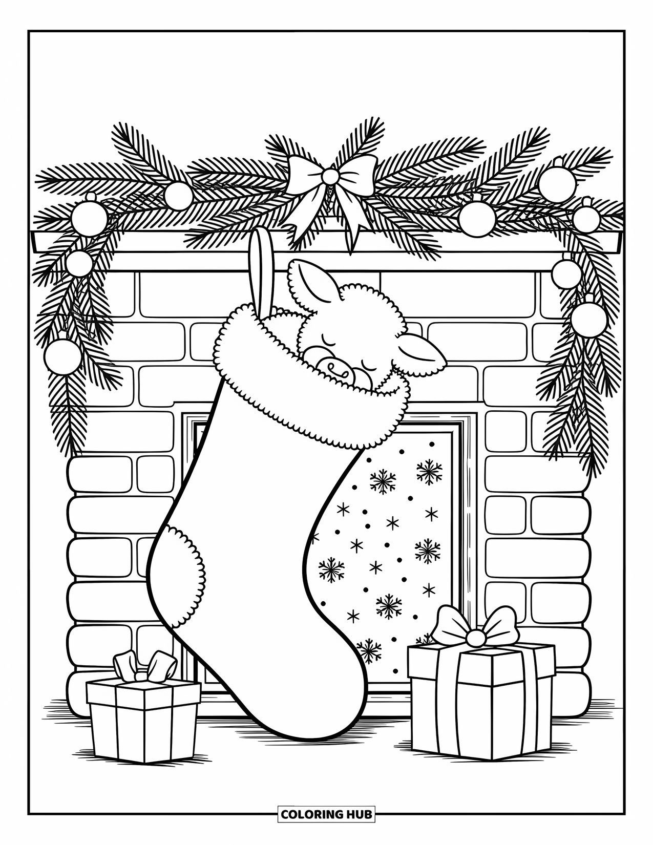 Christmas Cow Coloring Page for Adults: A baby cow nestled in a stocking by a brick fireplace with garland and gifts