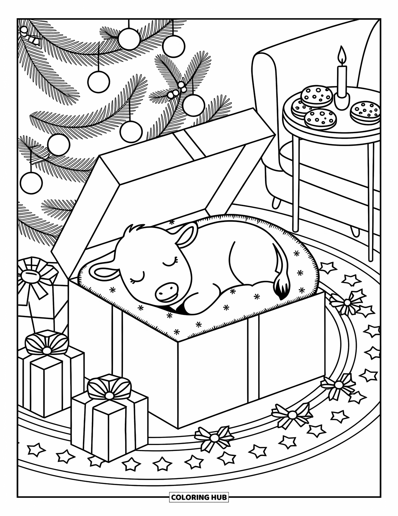 Christmas Cow Coloring Page for Adults: A baby cow tucked in a gift box beneath a Christmas tree with holly and gifts