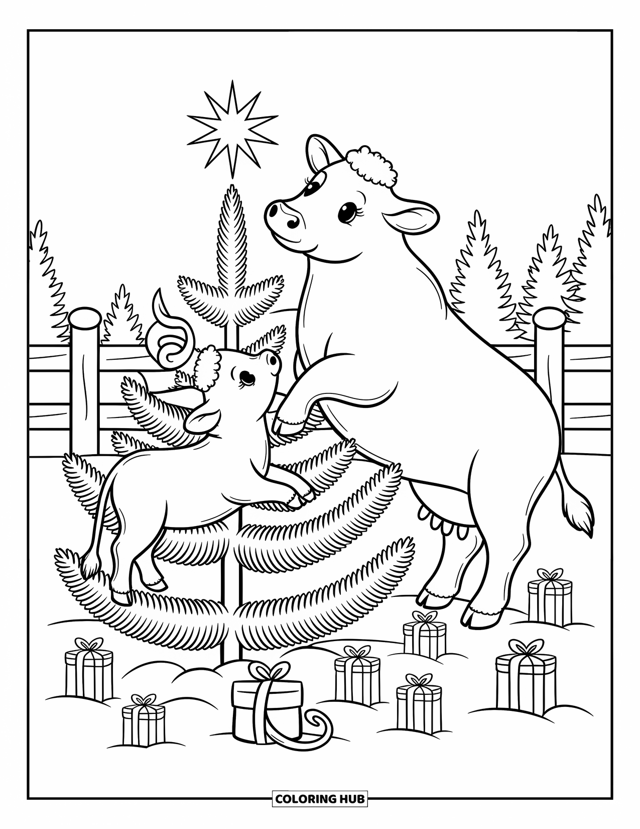 Christmas Cow Coloring Page for Adults: A cow and calf adorning a snowy tree with a star, ribbon, and festive bags