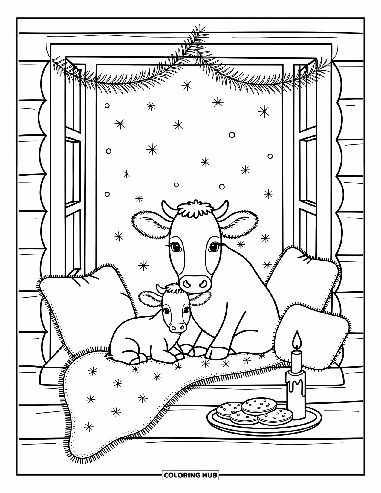 Christmas Cow Coloring Page for Adults: A cow and calf nestled by a snowy window with garland, candle, and cookies