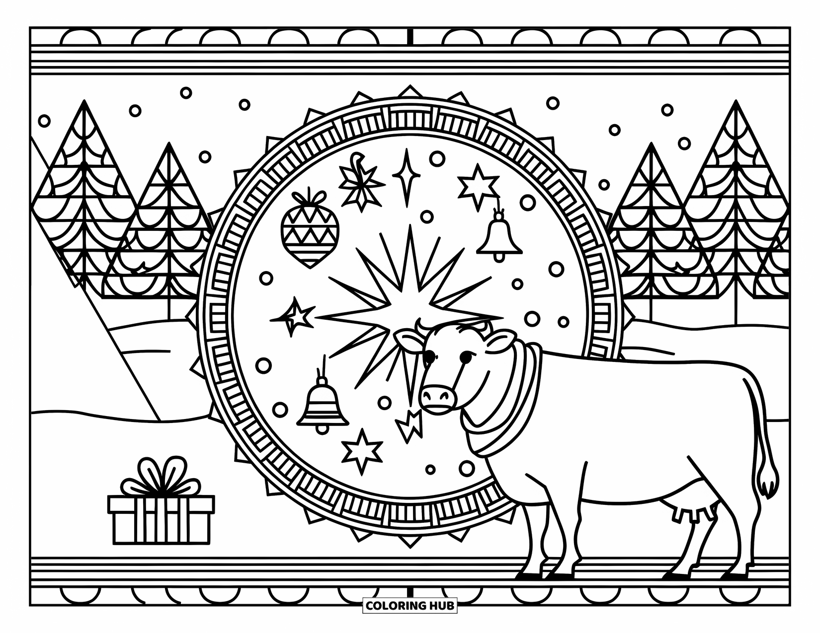 Christmas Cow Coloring Page for Adults: A cow in a scarf framed by a mandala of Christmas symbols and snowy trees