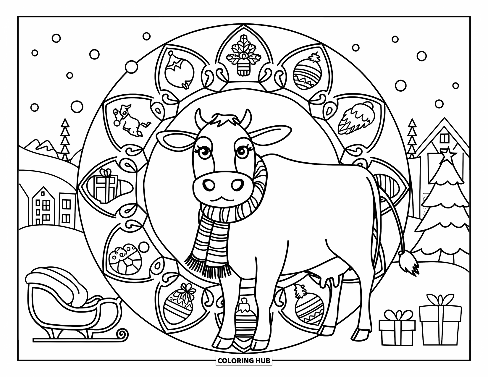 Christmas Cow Coloring Page for Adults: A cow in a scarf standing before a mandala of Christmas icons in the snow