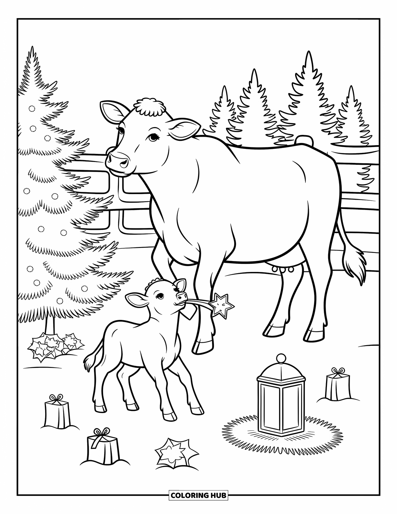 Christmas Cow Coloring Page for Adults: A cow placing a star on a snowy tree as a playful calf holds a ribbon
