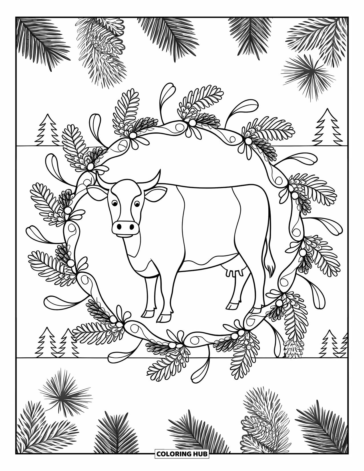 Christmas Cow Coloring Page for Adults: A cow with a red nose framed by a mandala of garlands and mistletoe