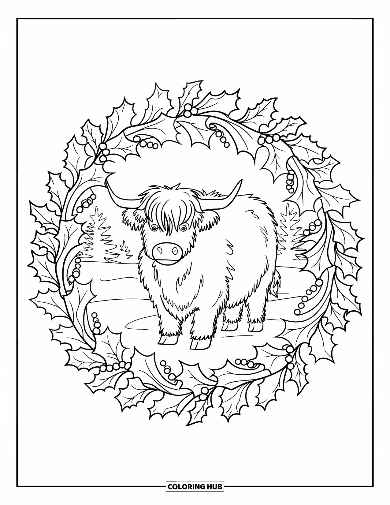 Christmas Cow Coloring Page for Adults: A fluffy Highland cow inside a wreath mandala of holly leaves and snowy trees