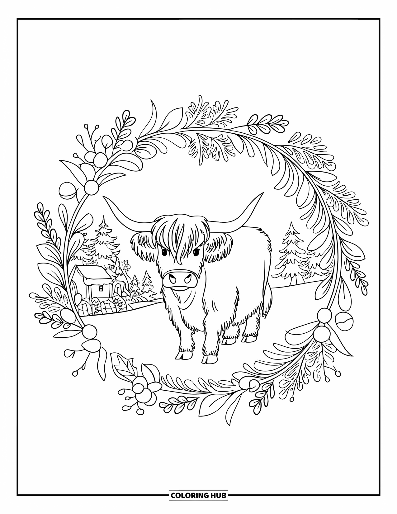 Christmas Cow Coloring Page for Adults: A Highland cow centered in a floral ring of holiday blooms and snowy trees