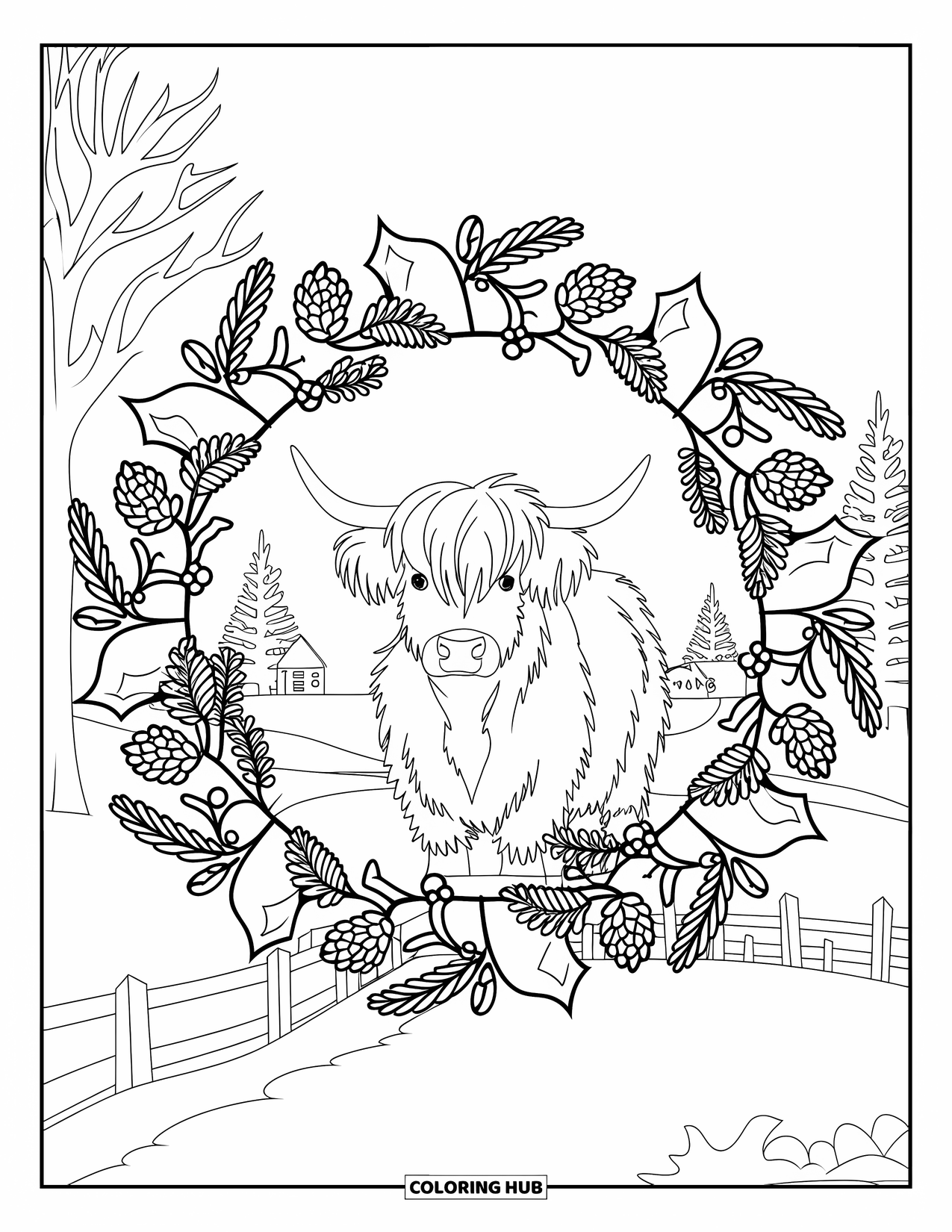 Christmas Cow Coloring Page for Adults: A Highland cow framed by a winter wreath mandala with holly, pinecones, and a cottage