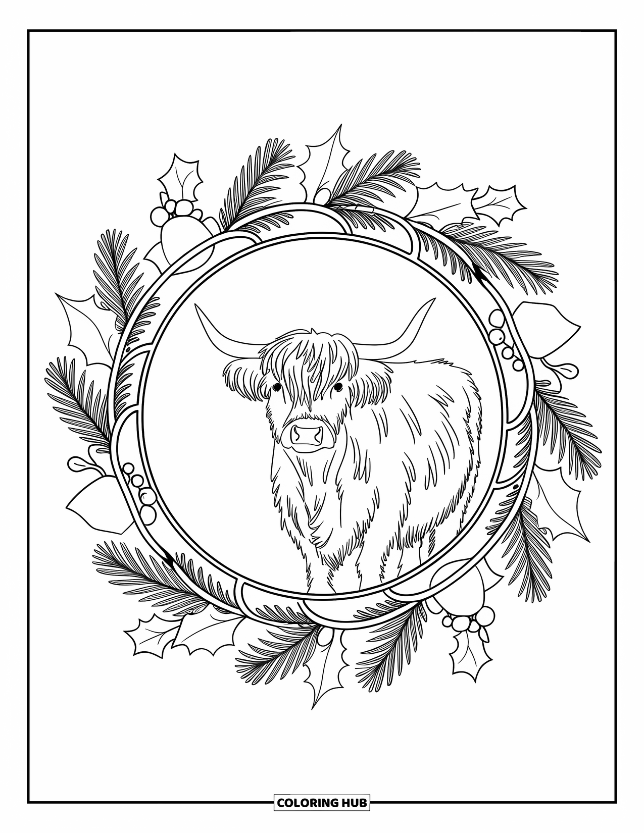 Christmas Cow Coloring Page for Adults: A Highland cow in a circular botanical mandala of pine, holly, and bells