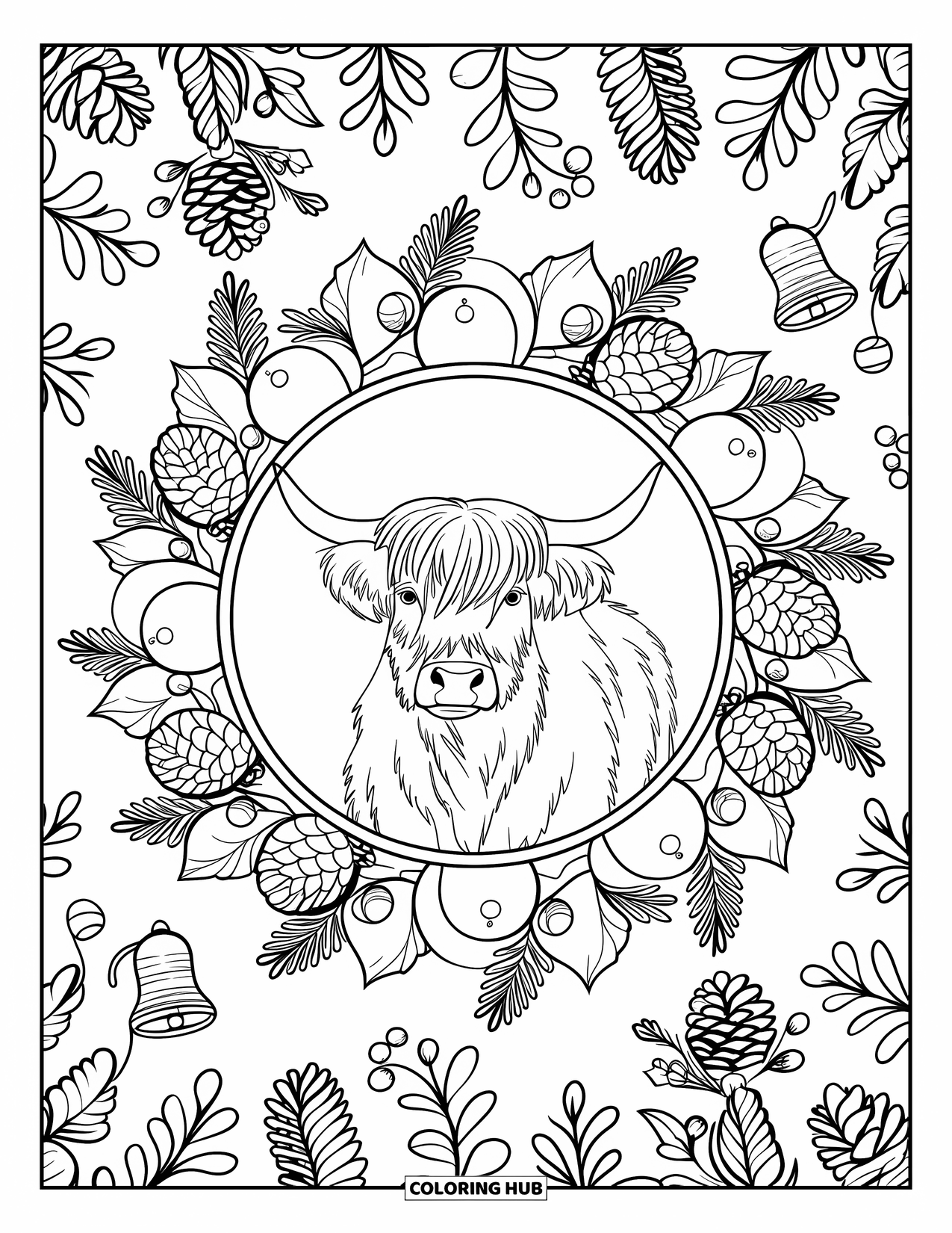 Christmas Cow Coloring Page for Adults: A Highland cow in a circular mandala of holly, pinecones, and bells with patterns