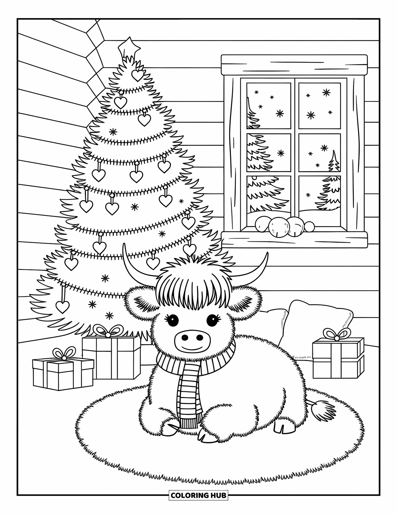 Christmas Cow Coloring Page for Adults: A Highland cow in a scarf sitting by a decorated tree in a wooden cabin