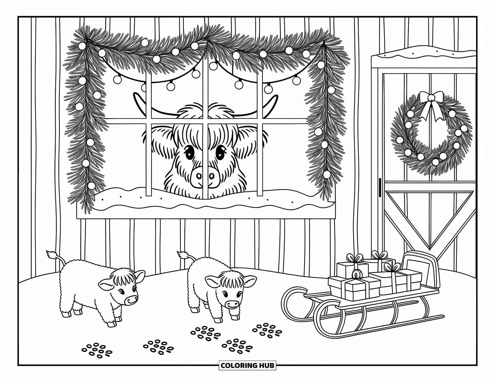 Christmas Cow Coloring Page for Adults: A Highland cow peeking through a snowy barn window with garlands and playful baby cows outside