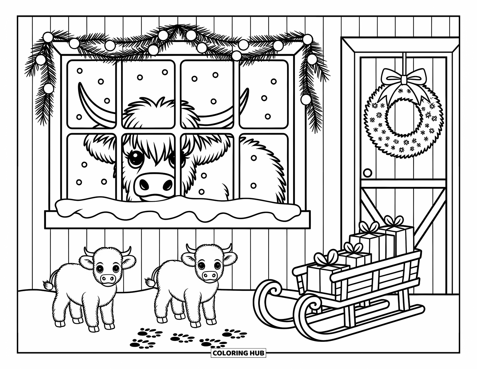 Christmas Cow Coloring Page for Adults: A Highland cow peering from a barn window framed with garlands, with baby cows in the snow