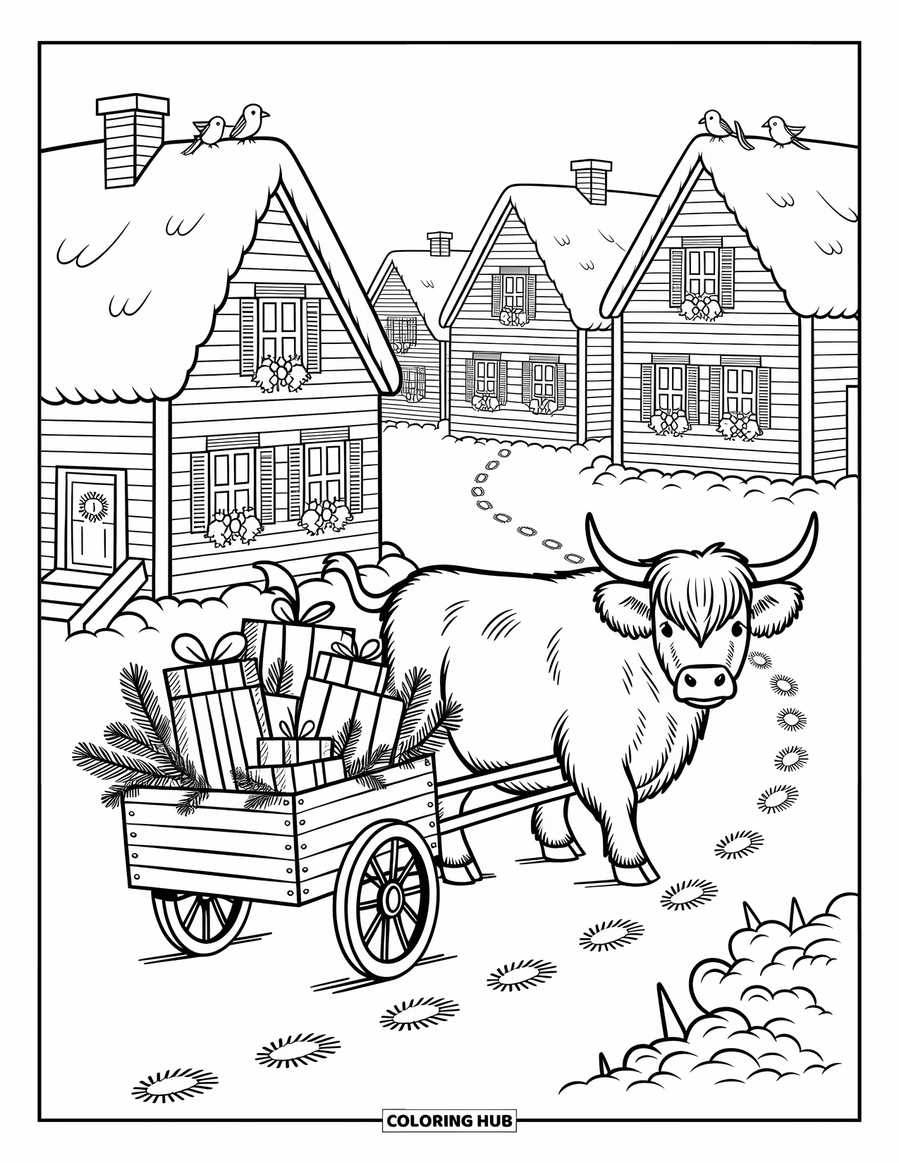 Christmas Cow Coloring Page for Adults: A Highland cow pulling a cart of presents while birds watch from snowy rooftops